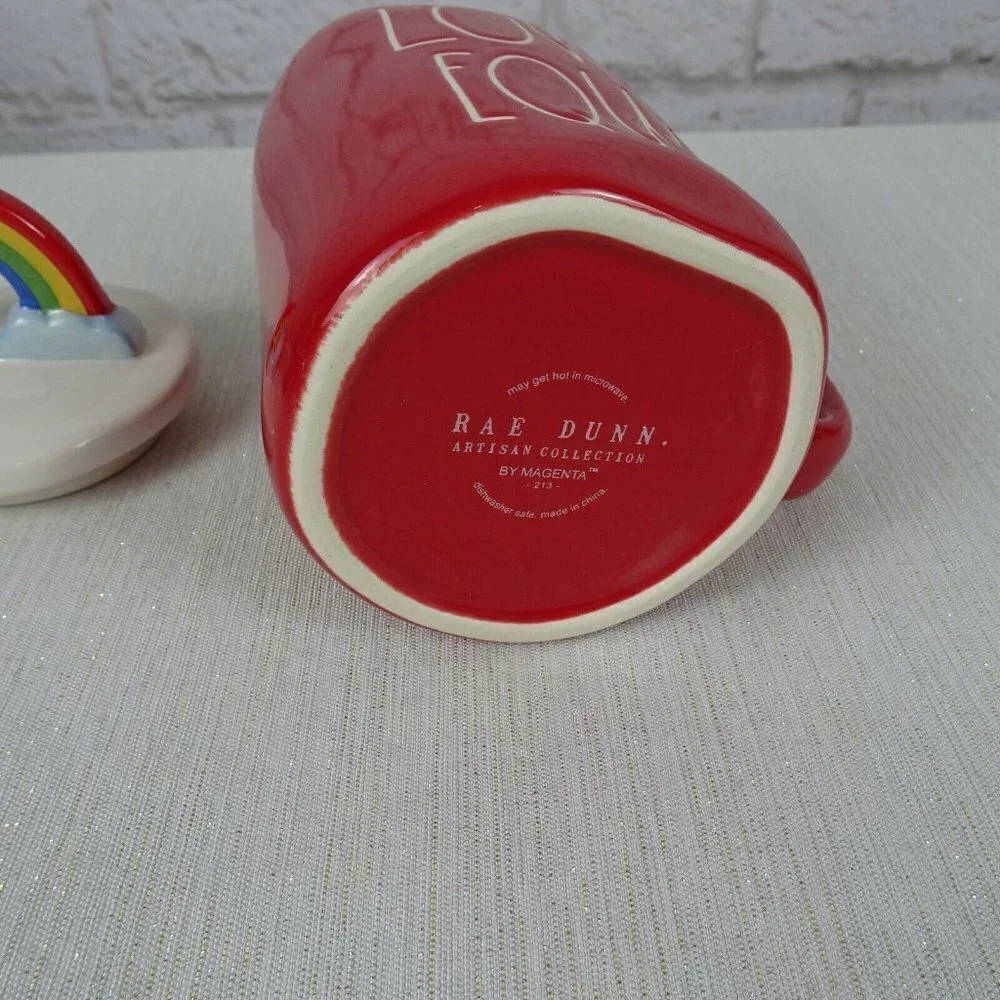 New RAE DUNN Rainbow 🌈 Figural Mug Love Is Equal Red With Lid Pride Home Decor